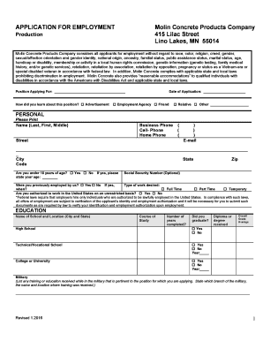 Molin Concrete Products Company Employment Application