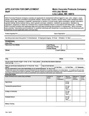 Molin Concrete Products Company Employment Application