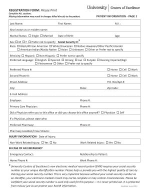 University Centers of Excellence Patient Registration Form