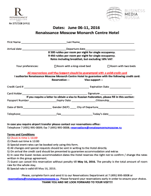 Renaissance Moscow Monarch Centre Hotel Reservation Form