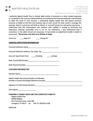 Baptist Health Plan EFT Authorization Form