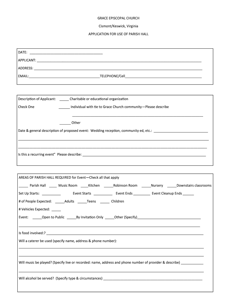 Fillable Online gracekeswick Church Parish Hall Rental Application