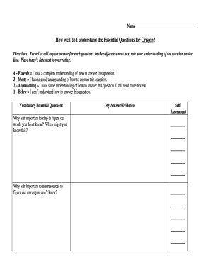 Crispin Essential Questions Self-Assessment Form