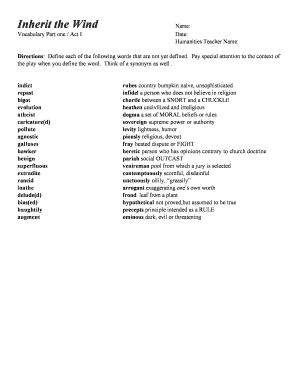Inherit the Wind Vocabulary Study Guide