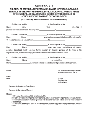 Certificate for Children of Army Personnel