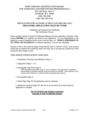 Fillable Online wvcbapp WEST VIRGINIA CERTIFICATION BOARD FOR ADDICTION