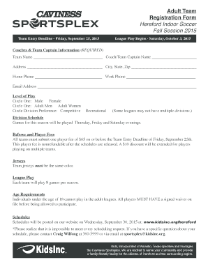 Adult Team Registration Form Hereford Indoor Soccer Fall - kidsinc