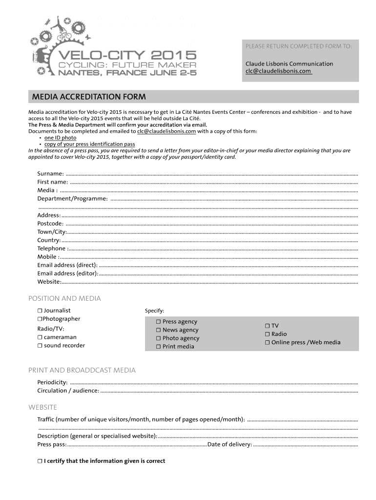 Fillable Online PLEASE RETURN COMPLETED FORM TO - bVelob-City 2015 Fax ...