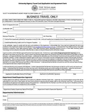 University Travel Card Application and Agreement Form