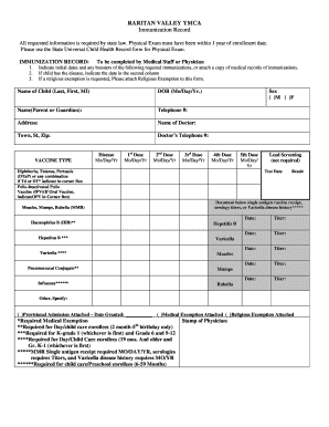 New Jersey Immunization Record Form