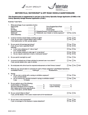 Motorcycle, Watercraft & Off Road Vehicle Questionnaire