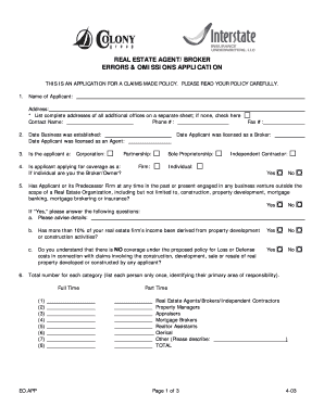 Real Estate Agent/Broker Errors and Omissions Application