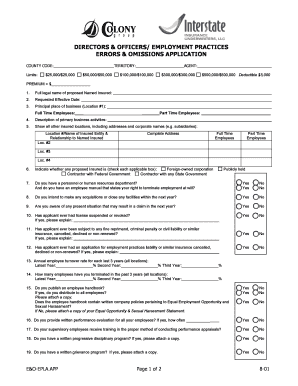 Directors & Officers Employment Practices Errors & Omissions Application
