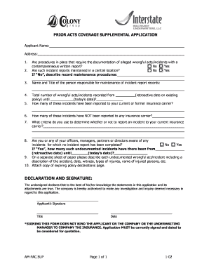 Prior Acts Coverage Supplemental Application