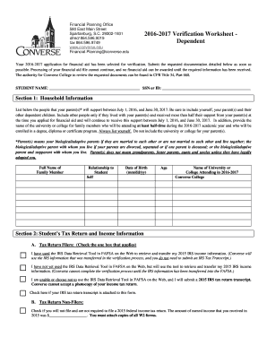 2016-2017 Financial Aid Verification Worksheet