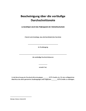 Bescheinigung über die vorläufige Durchschnittsnote