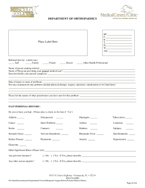 Orthopaedic Surgery Patient Medical History Form