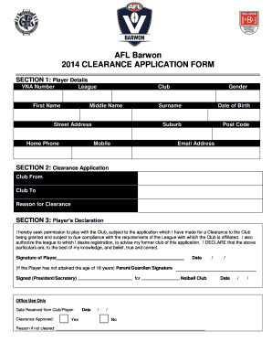 AFL Barwon 2014 Clearance Application Form
