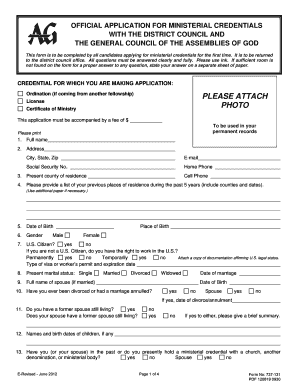 Assemblies of God Ministerial Credentials Application
