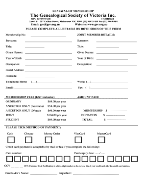 Genealogical Society of Victoria Membership Renewal Form