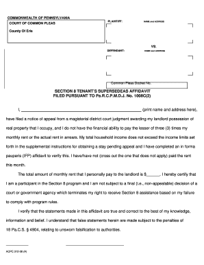Section 8 Tenant’s Supersedeas Affidavit