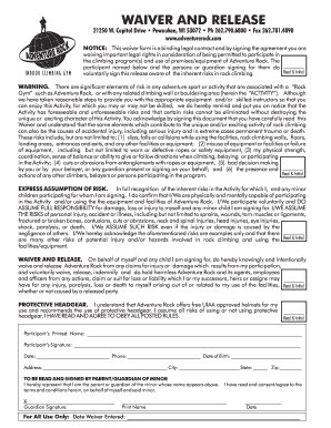 Adventure Rock Waiver and Release Form