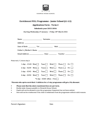 fillable online chs edu enrichment full programme junior school form l5