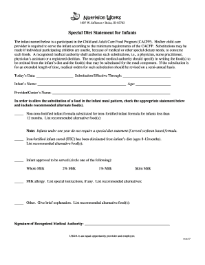 Special Diet Statement for Infants