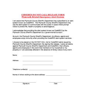 Plymouth County CodeRED Do Not Call Release Form