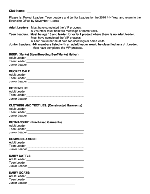 4-H Club Project Leaders Form