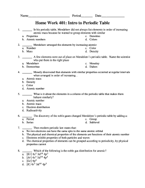 Intro to Periodic Table Homework