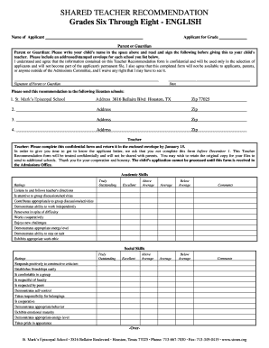 Teacher Recommendation Form for Grades Six Through Eight