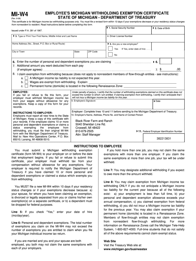 Fillable Online 808) EMPLOYEE 'S MICHIGAN WITHHOLDING EXEMPTION CERTIFICATE STATE OF MICHIGAN ...