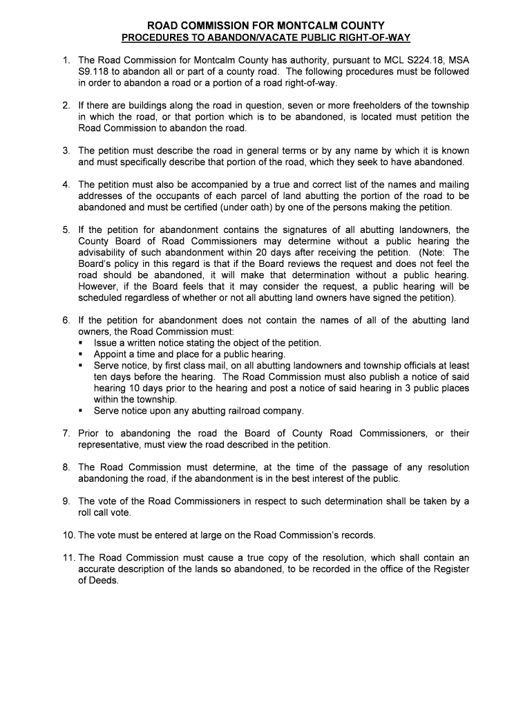 Fillable Online Road Abandonment Procedures Montcalm Road Commission