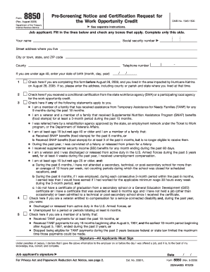 Form 8850 Work Opportunity Credit Certification Request