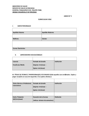 Formulario de Curriculum Vitae del Ministerio de Salud de Chile