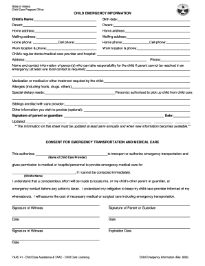 Alaska Child Emergency Information Form