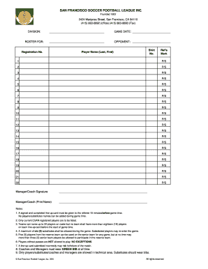 San Francisco Soccer League Game Roster Form