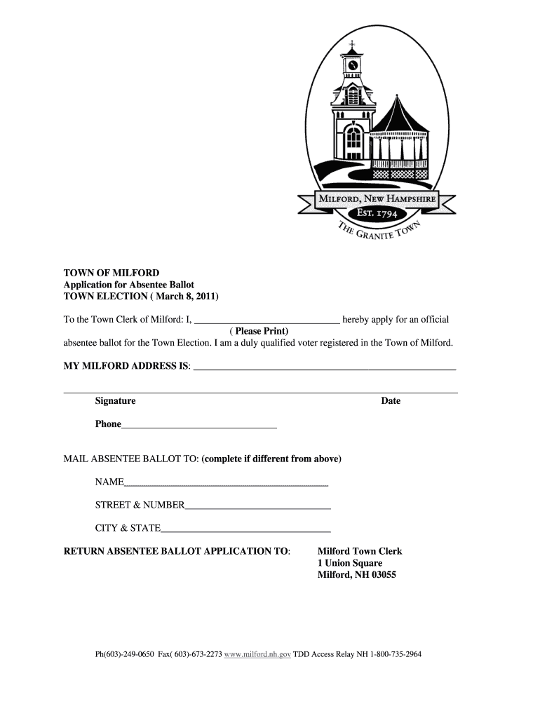 Fillable Online milfordnh To the Town Clerk of Milford Town of