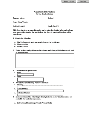 Teacher Intern Classroom Information Form