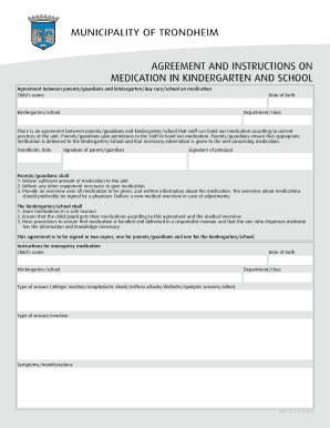 Medication Agreement for Kindergarten and School