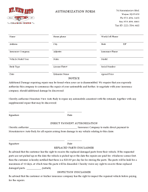 Mountainview Auto Body Repair Authorization Form