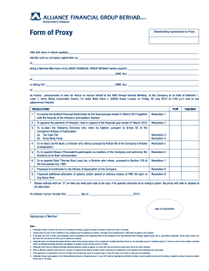 Proxy Shareholding Form for Alliance Financial Group Berhad