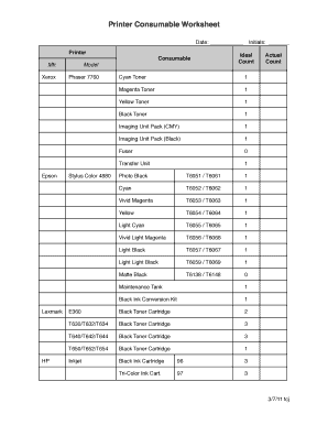 Printer Consumable Worksheet