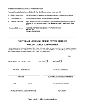 Northeast Nebraska Public Power District Bank Collection Authorization