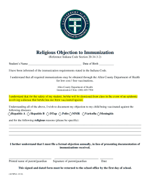 Religious Objection to Immunization Form