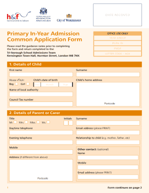 UK Primary In-Year Admission Application Form