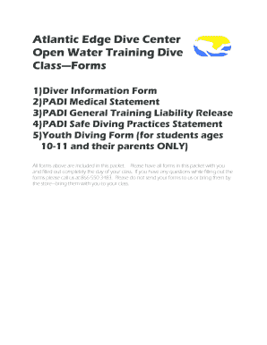 PADI Open Water Training Dive Forms