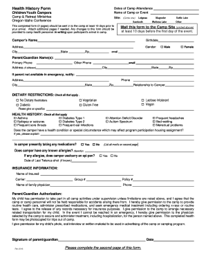 Health History Form for Children/Youth Campers