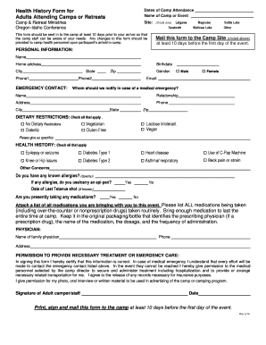 Health History Form for Camp Attendance